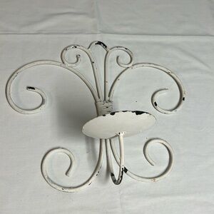Vintage Style Boho Scroll 11” tall white distressed wrought iron candle holder